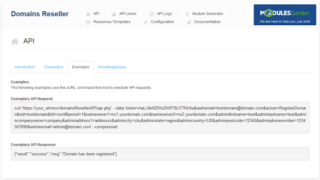 Domains Reseller 1 X For WHMCS: API Examples subtab with an exemplary cURL request and JSON response for registering a