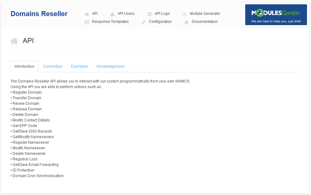 Domains Reseller 1 X For WHMCS: Domains Reseller API page with the Introduction subtab and the list of supported API