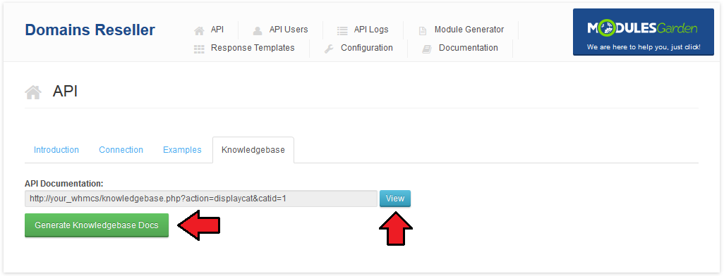 Domains Reseller 1 X For WHMCS: API Knowledgebase subtab with the Generate Knowledgebase Docs and View buttons