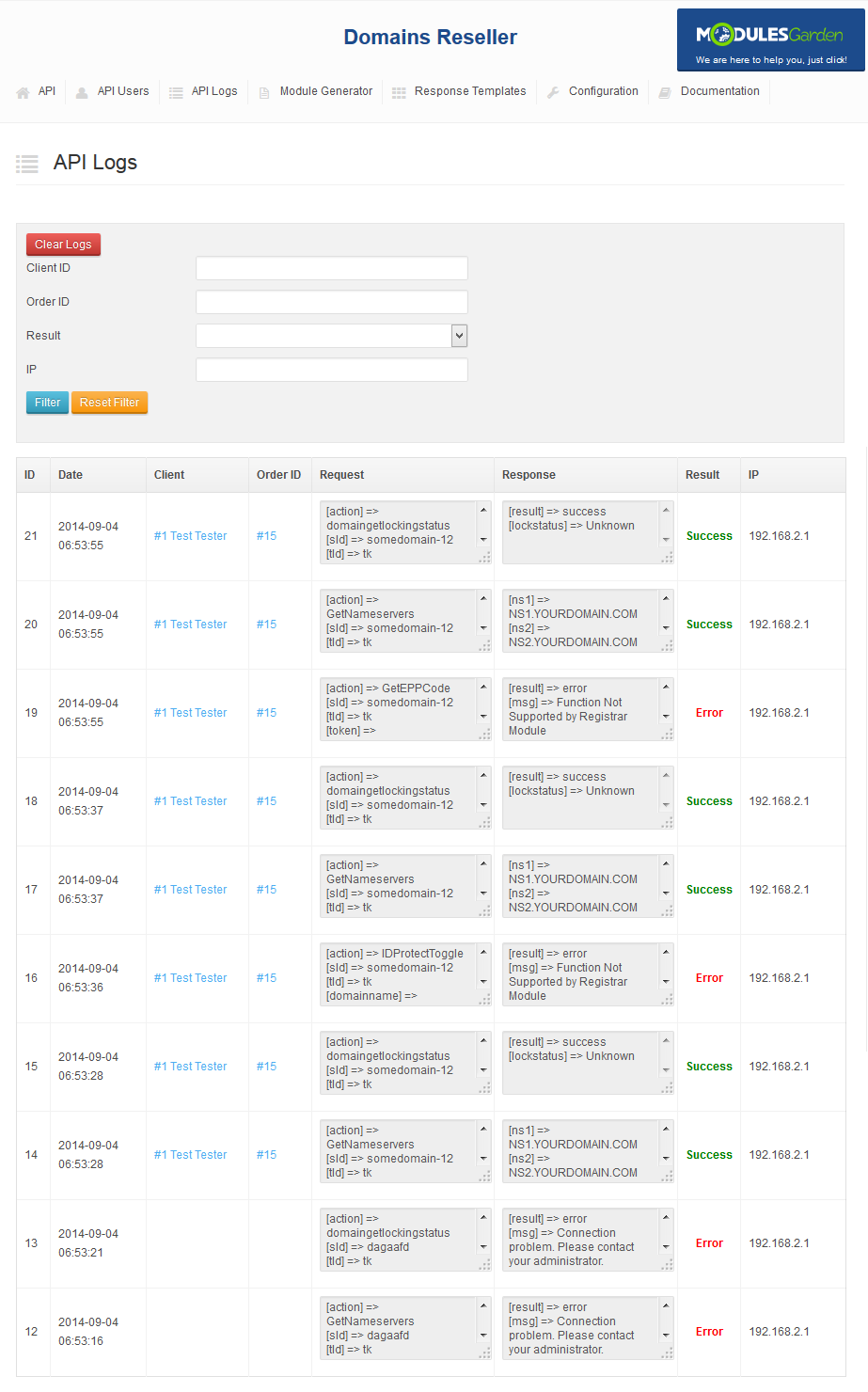 Domains Reseller 1 X For WHMCS: API Logs page with filter fields and a table of requests and responses