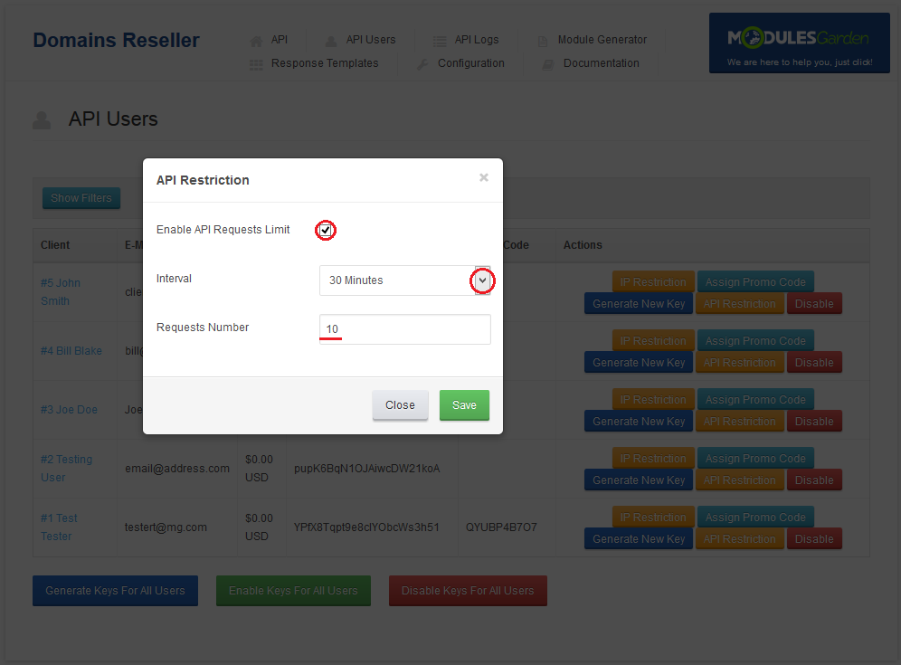 Domains Reseller 1 X For WHMCS: API Restriction dialog with requests limit checkbox, interval and requests number