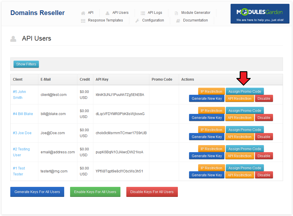 Domains Reseller 1 X For WHMCS: API Users list with the Assign Promo Code button next to a user