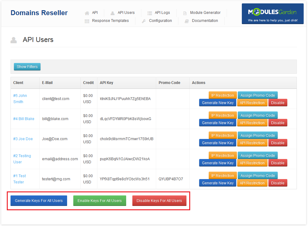 Domains Reseller 1 X For WHMCS: API Users tab with the generate, enable and disable keys for all users buttons marked