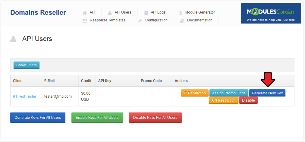Domains Reseller 1 X For WHMCS: Domains Reseller API Users tab with the Generate New Key button next to a client