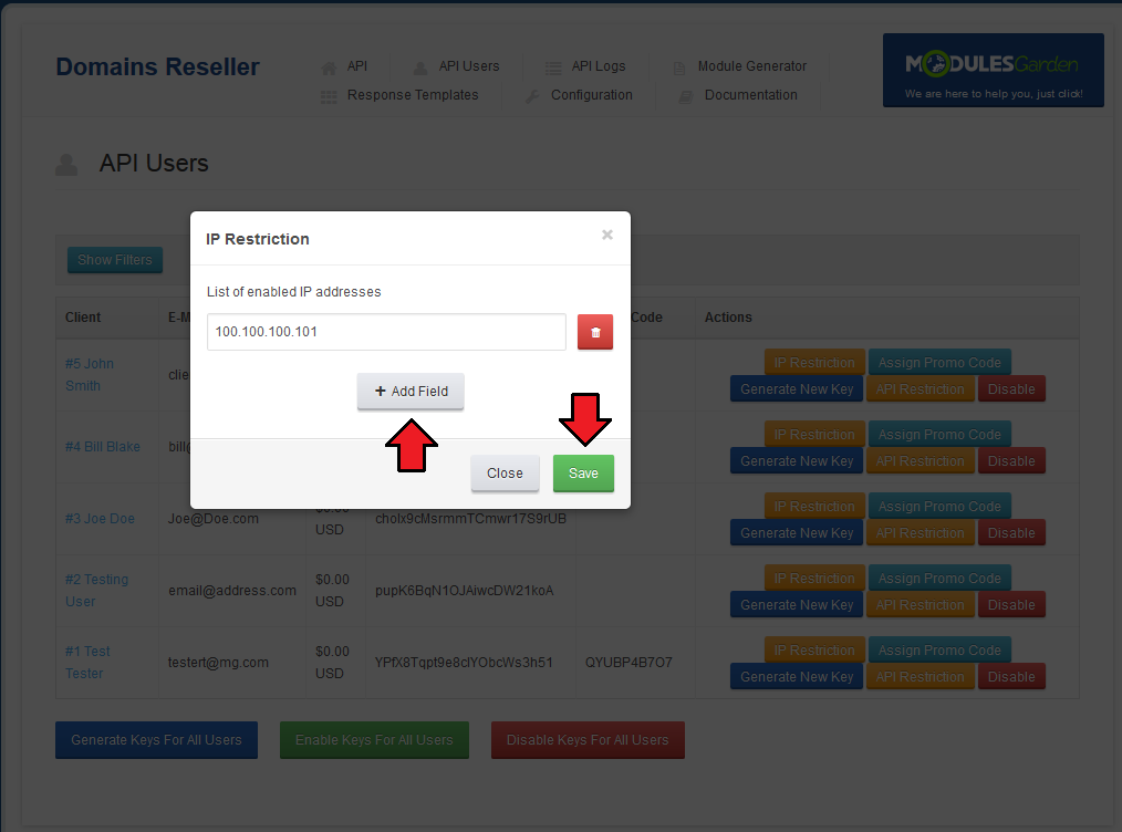 Domains Reseller 1 X For WHMCS: IP Restriction dialog on the API Users page with Add Field and Save buttons