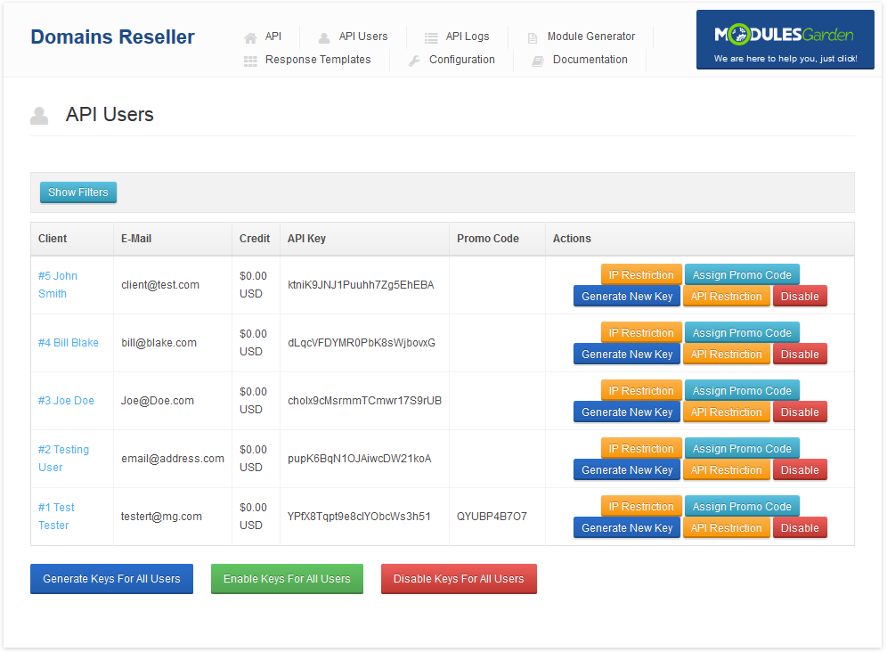 Domains Reseller 1 X For WHMCS: Domains Reseller API Users tab listing clients with e-mail, credit, API key and promo