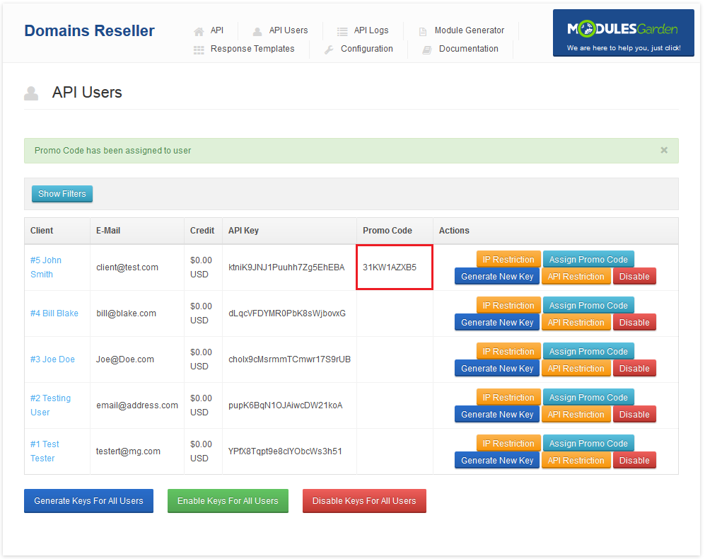 Domains Reseller 1 X For WHMCS: API Users list showing the assigned promo code next to the client