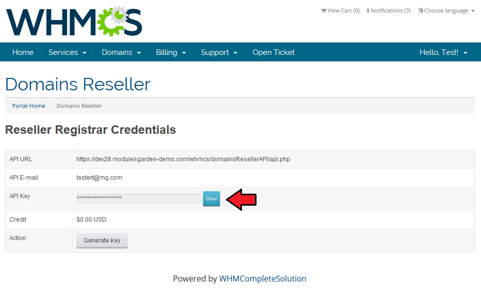 Domains Reseller 1 X For WHMCS: Reseller Registrar Credentials page in the client area with the API key Show button