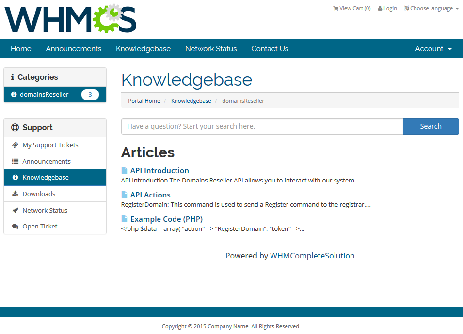 Domains Reseller 1 X For WHMCS: WHMCS client area Knowledgebase with the domainsReseller category and API articles