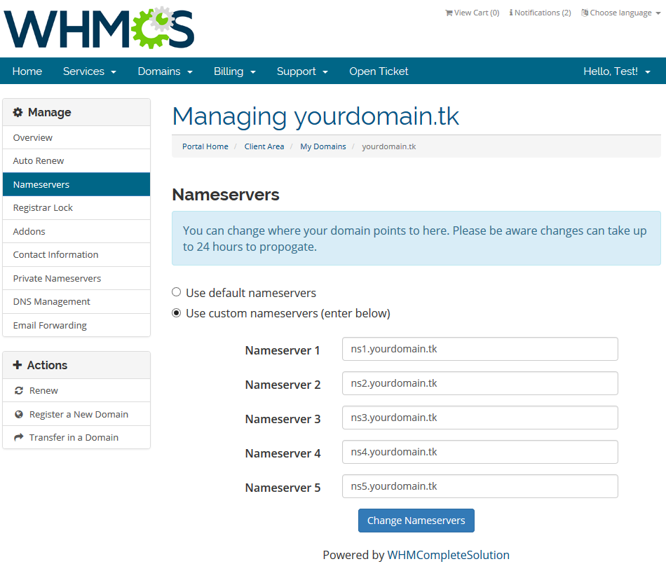 Domains Reseller 1 X For WHMCS: WHMCS client area Nameservers page with custom nameservers entered