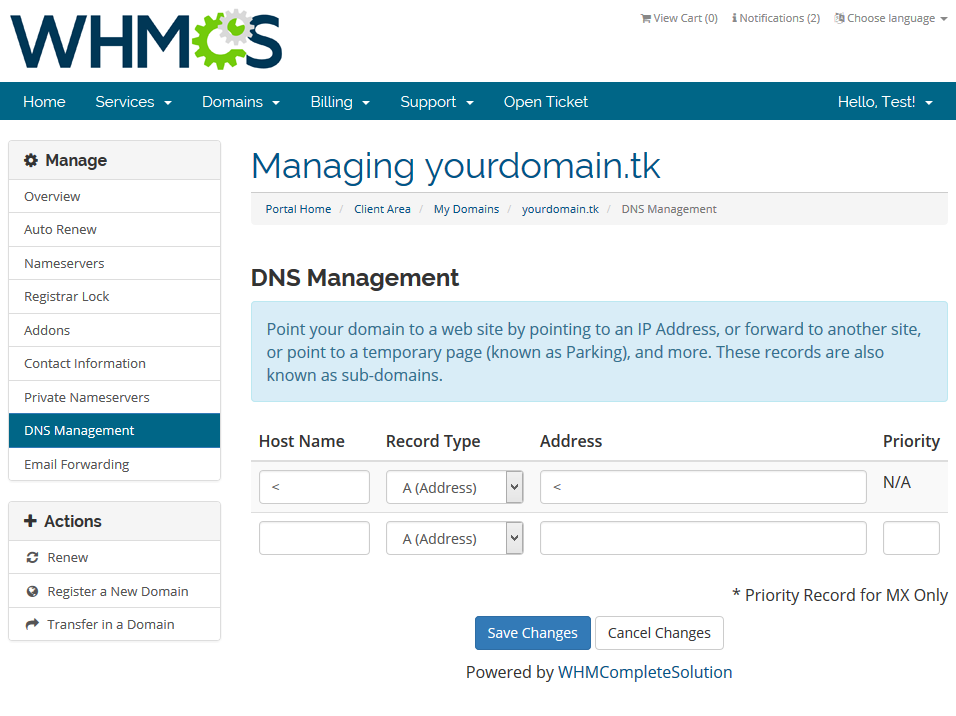 Domains Reseller 1 X For WHMCS: WHMCS client area DNS Management page with host name, record type and address fields