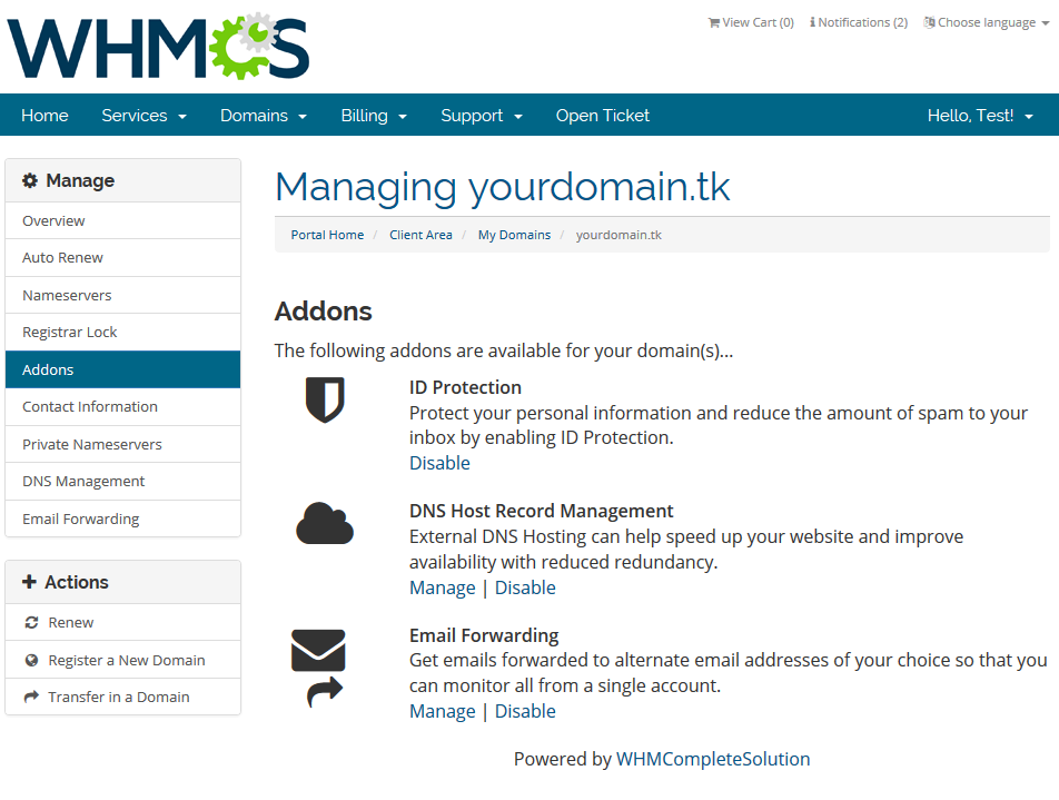 Domains Reseller 1 X For WHMCS: WHMCS client area domain Addons page with ID Protection, DNS and Email Forwarding