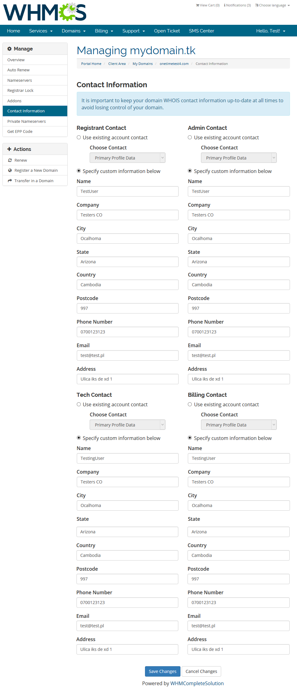 Domains Reseller 1 X For WHMCS: WHMCS client area Contact Information page with registrant, admin, tech and billing