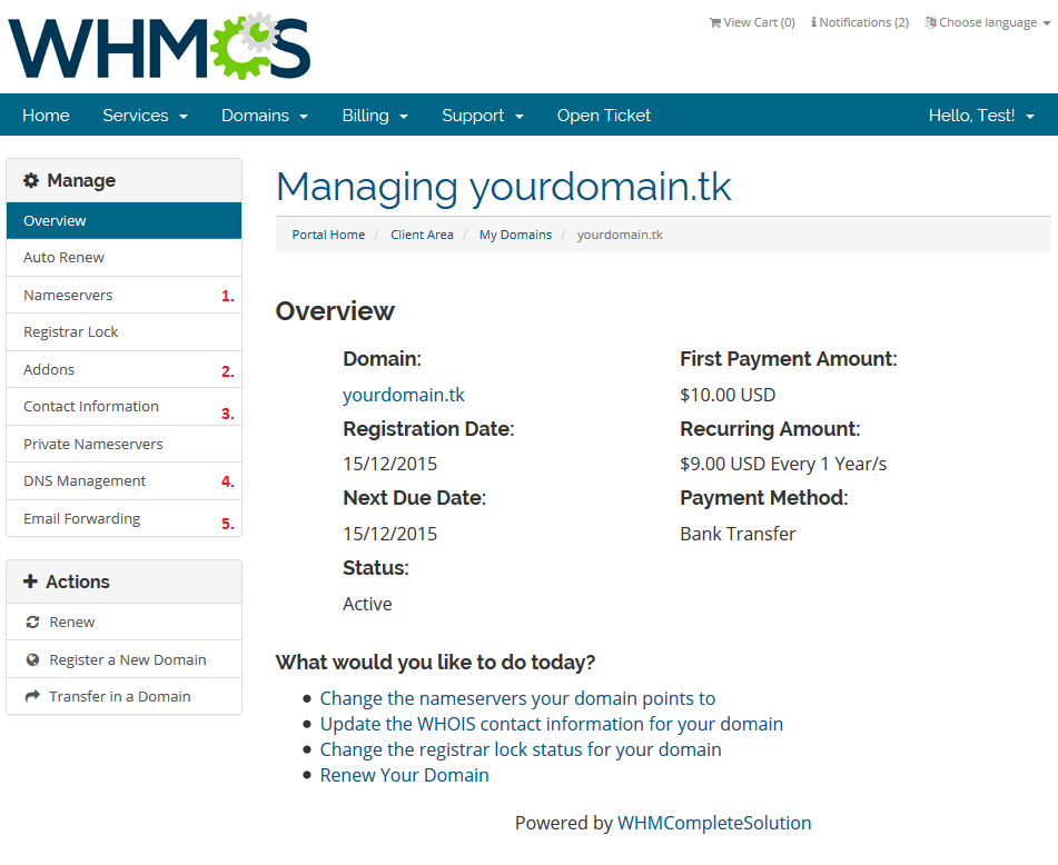 Domains Reseller 1 X For WHMCS: WHMCS client area domain overview with numbered management options in the side menu