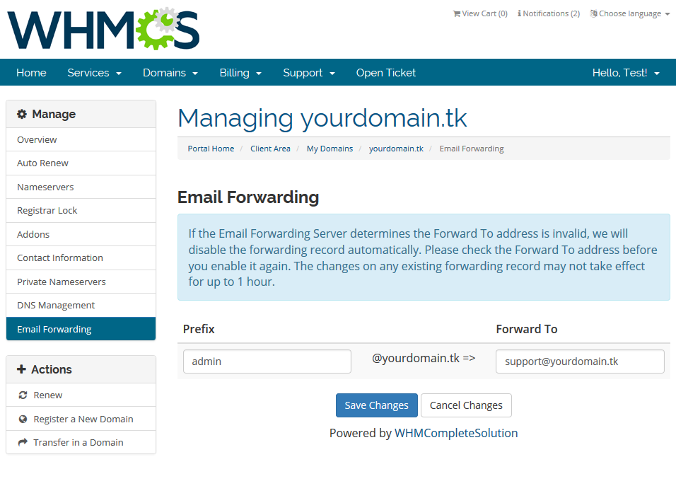Domains Reseller 1 X For WHMCS: WHMCS client area Email Forwarding page with prefix and Forward To fields