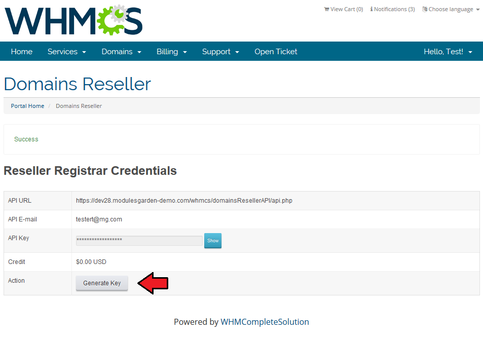 Domains Reseller 1 X For WHMCS: Reseller Registrar Credentials page with the Generate Key button