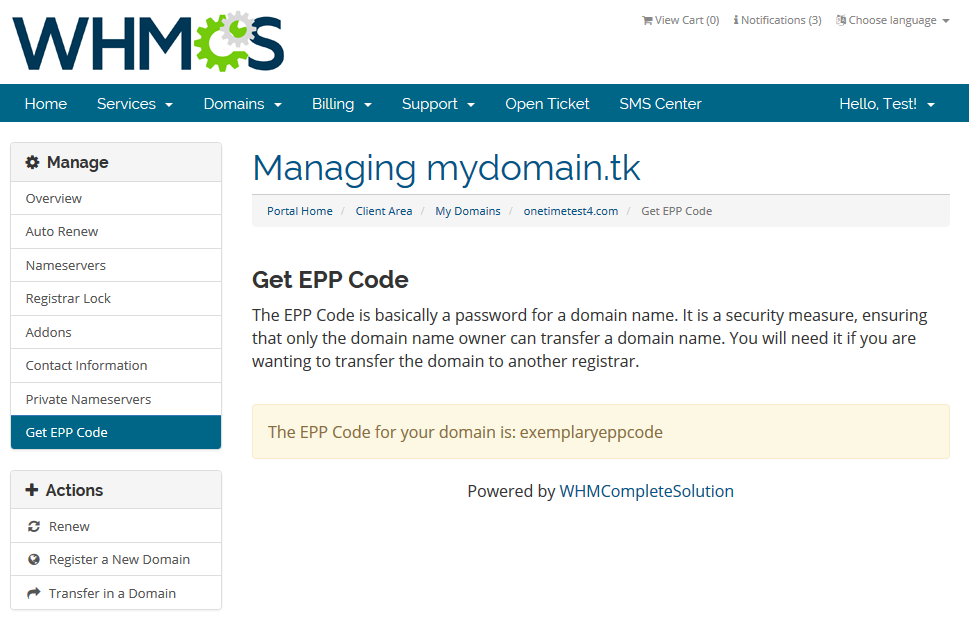 Domains Reseller 1 X For WHMCS: WHMCS client area Get EPP Code page showing the EPP code of a domain