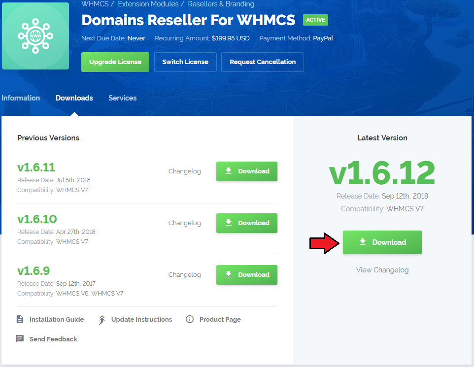 Domains Reseller 1 X For WHMCS: client area Downloads tab with the Download button for the latest module version