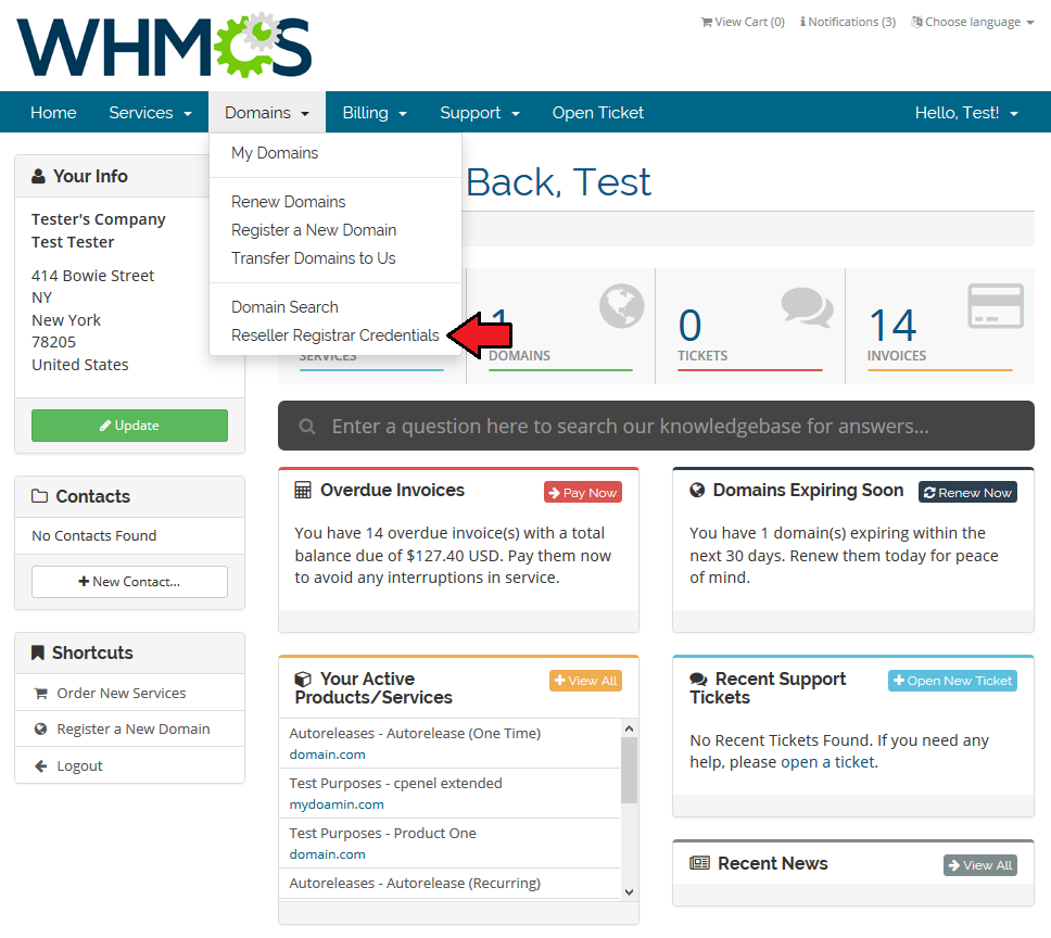 Domains Reseller 1 X For WHMCS: WHMCS client area Domains menu with the Reseller Registrar Credentials link