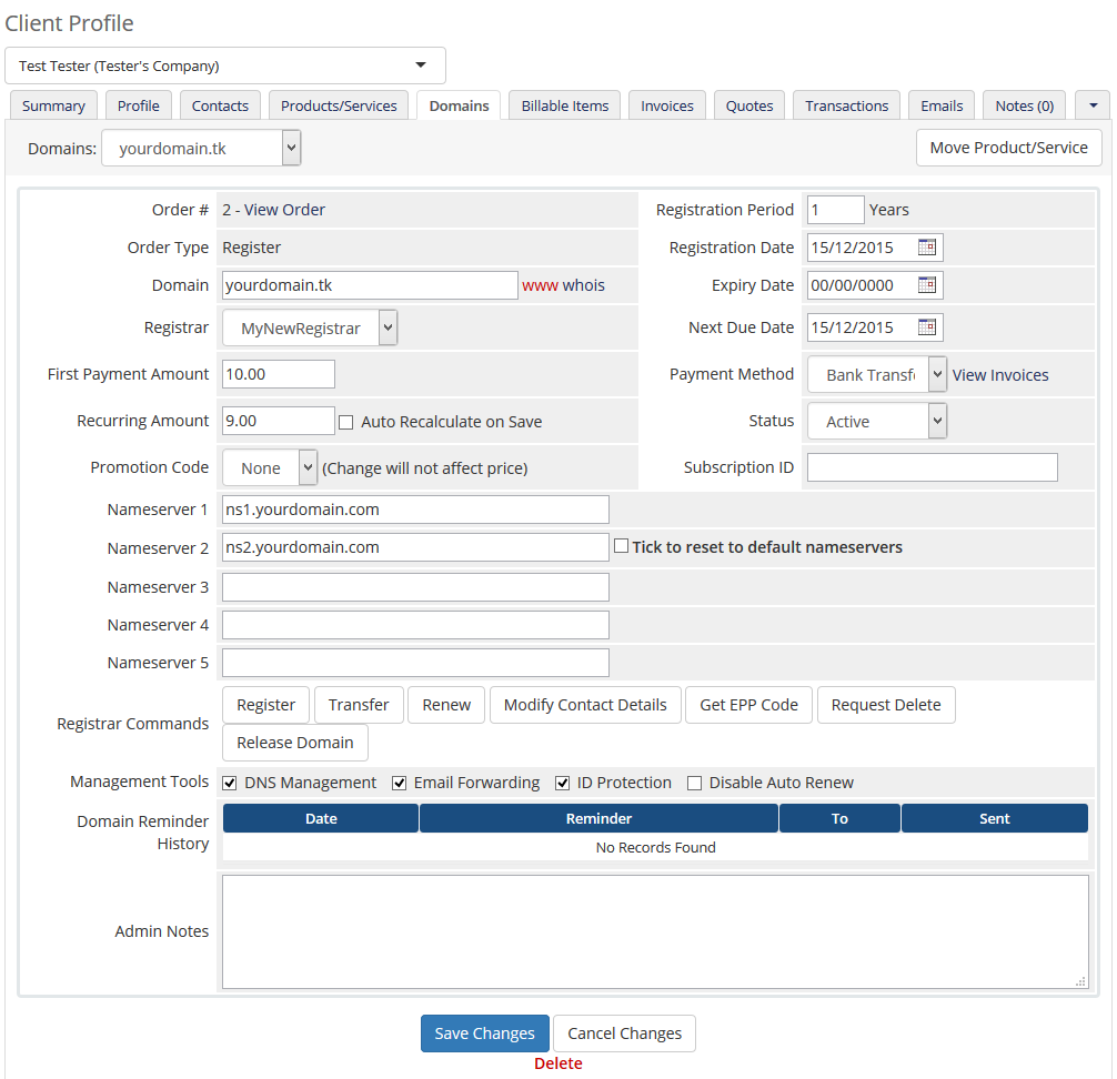 Domains Reseller 1 X For WHMCS: WHMCS client profile Domains tab with a domain registered through the new registrar