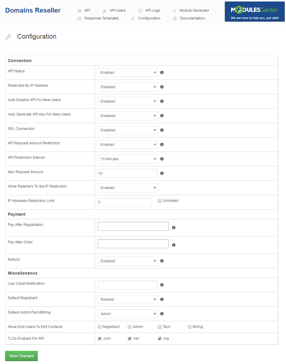 Domains Reseller 1 X For WHMCS: Domains Reseller Configuration tab with Connection, Payment and Miscellaneous settings