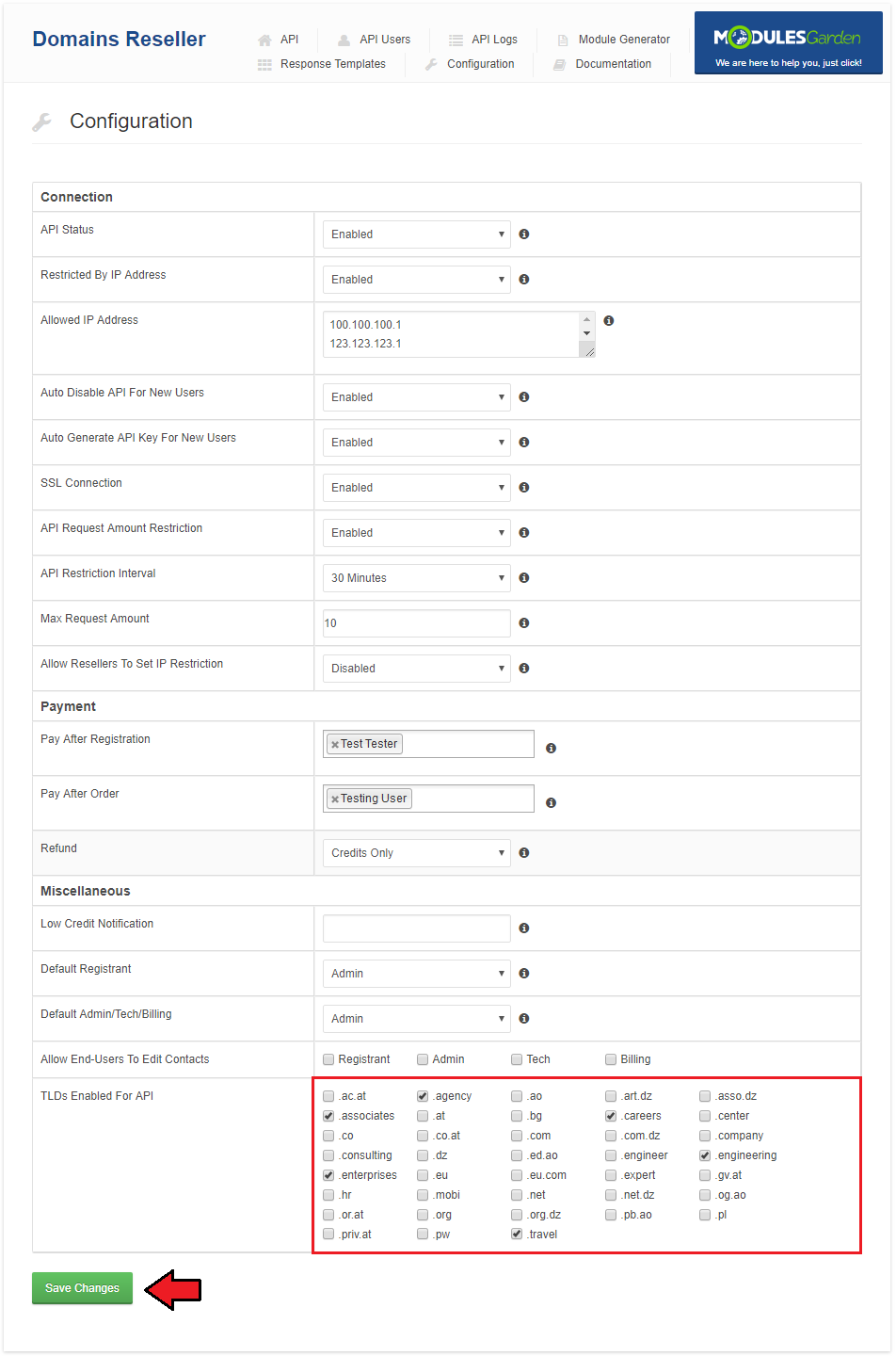 Domains Reseller 1 X For WHMCS: Module Configuration page with the TLDs Enabled For API section and Save Changes