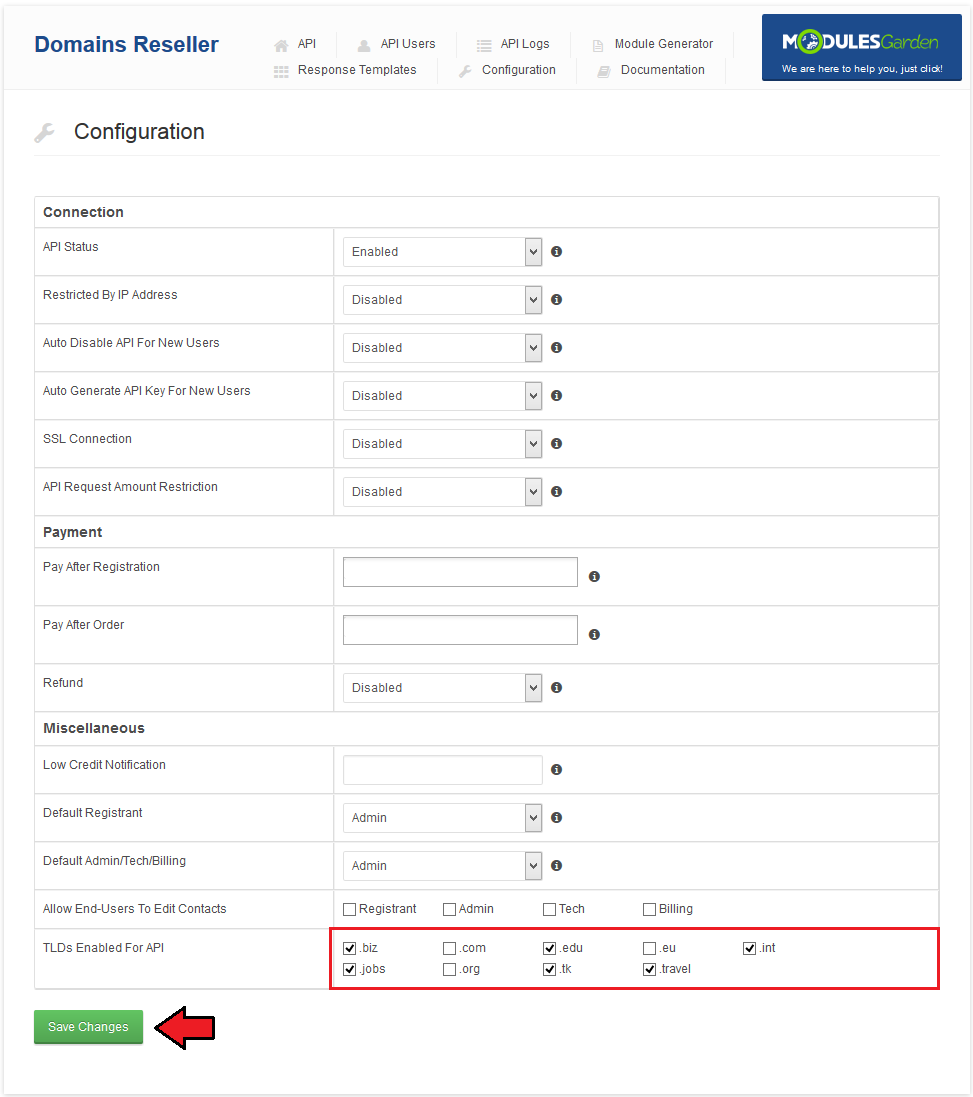 Domains Reseller 1 X For WHMCS: Configuration tab with the TLDs Enabled For API checkboxes and Save Changes