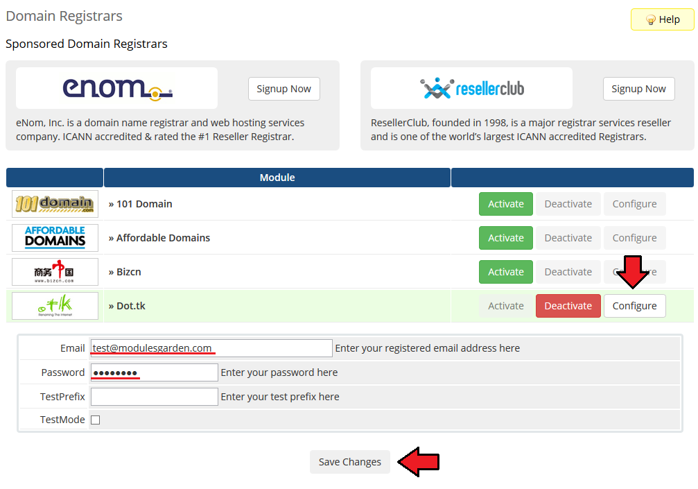 Domains Reseller 1 X For WHMCS: WHMCS Domain Registrars page with the registrar email and password fields