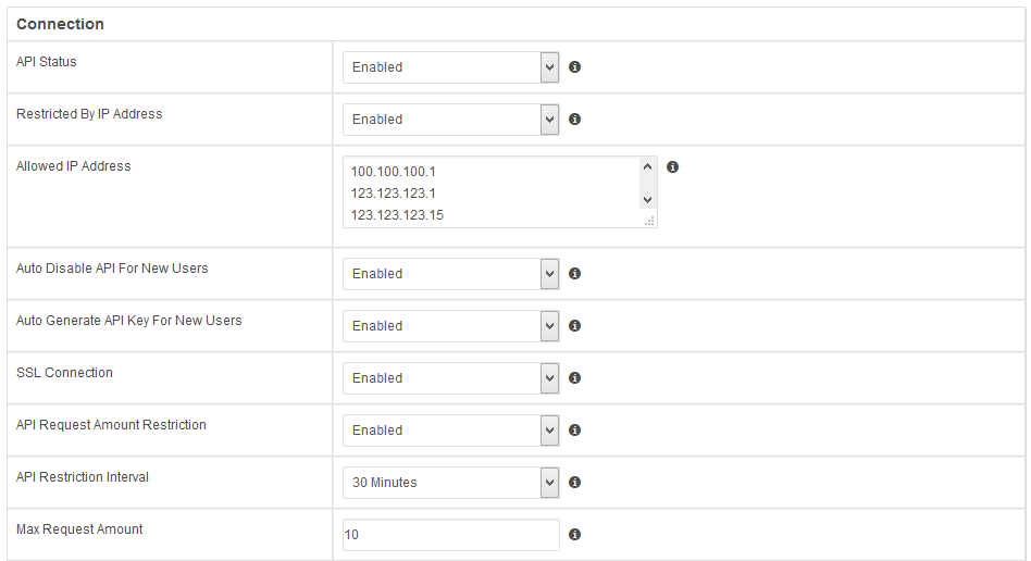 Domains Reseller 1 X For WHMCS: Connection settings with Restricted By IP Address enabled and a list of allowed IP