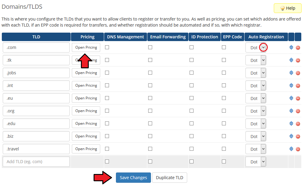 Domains Reseller 1 X For WHMCS: WHMCS Domains/TLDs page with Open Pricing buttons and Auto Registration dropdown