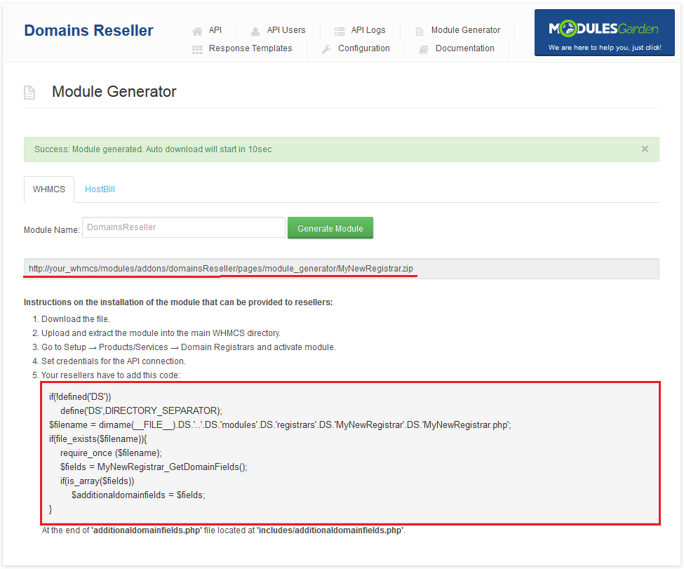 Domains Reseller 1 X For WHMCS: Module Generator success message, download link and integration code