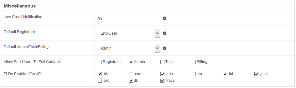 Domains Reseller 1 X For WHMCS: Miscellaneous settings with low credit notification, default contacts and enabled TLDs