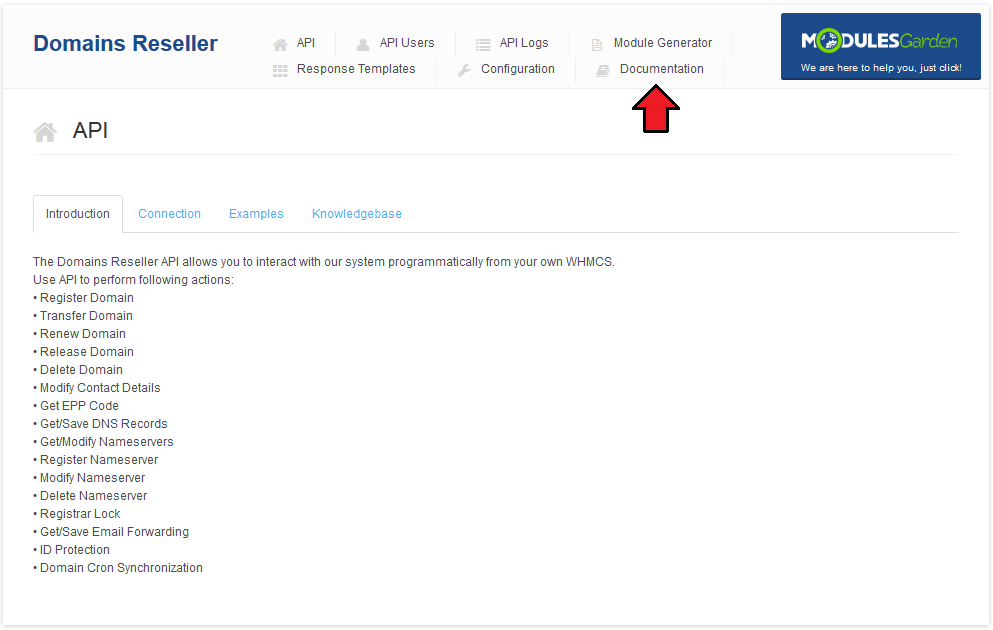 Domains Reseller 1 X For WHMCS: API page of the module in the WHMCS admin area with the Documentation tab marked