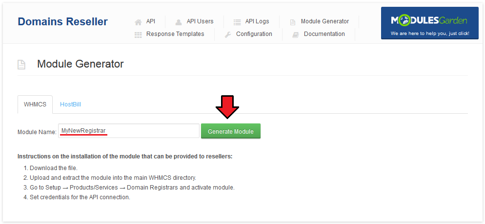 Domains Reseller 1 X For WHMCS: Module Generator tab with a module name entered and the Generate Module button