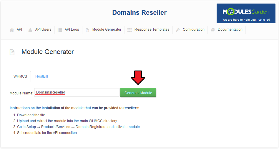 Domains Reseller 1 X For WHMCS: Module Generator page with the module name field and Generate Module button