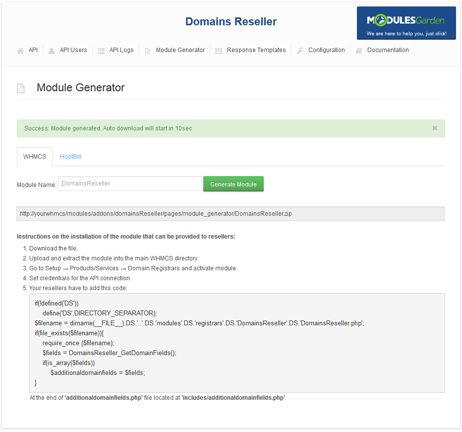 Domains Reseller 1 X For WHMCS: Module Generator success message with the download link and integration code for
