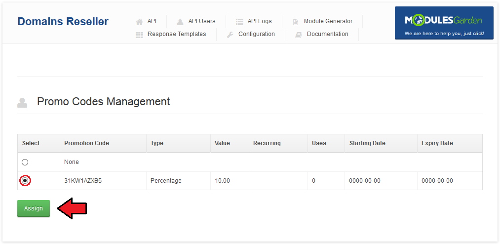 Domains Reseller 1 X For WHMCS: Promo Codes Management table with a promotion selected and the Assign button