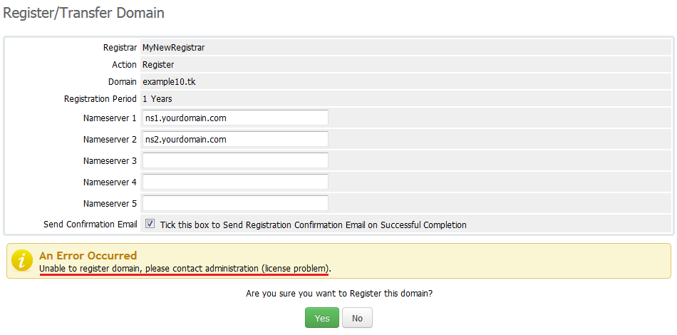 Domains Reseller 1 X For WHMCS: WHMCS admin Register/Transfer Domain page with a license problem error message
