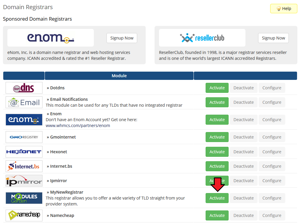 Domains Reseller 1 X For WHMCS: WHMCS admin Domain Registrars list with the Activate button next to the MyNewRegistrar