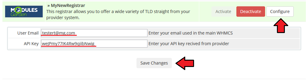 Domains Reseller 1 X For WHMCS: registrar module settings with User Email and API Key fields and Save Changes