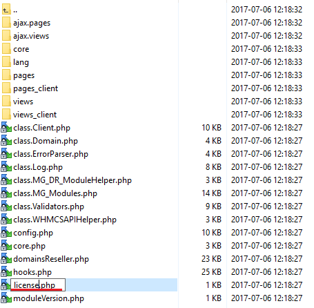 Domains Reseller 1 X For WHMCS: file manager with the license file being renamed from licenseRENAME.php to license.php