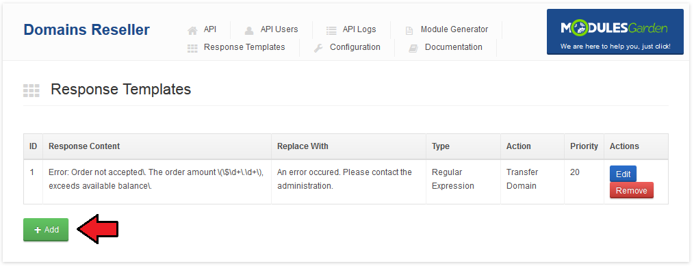 Domains Reseller 1 X For WHMCS: Response Templates list with an existing template and the Add button