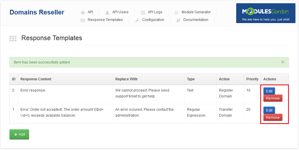 Domains Reseller 1 X For WHMCS: Response Templates list with a success message and Edit and Remove action buttons