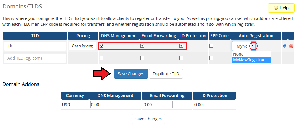 Domains Reseller 1 X For WHMCS: WHMCS Domains/TLDs page with the .tk TLD and the new registrar as auto registrar