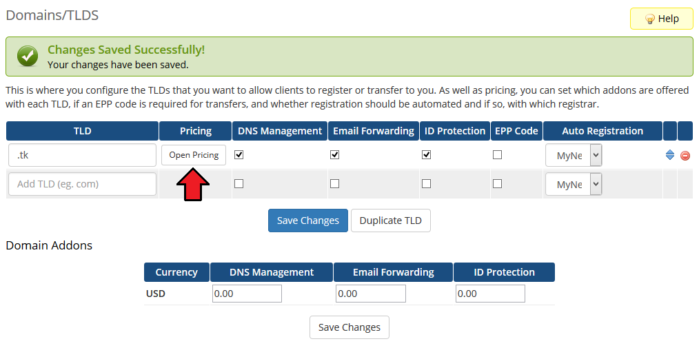 Domains Reseller 1 X For WHMCS: WHMCS admin Domains/TLDs page after saving, with the Open Pricing button next to the