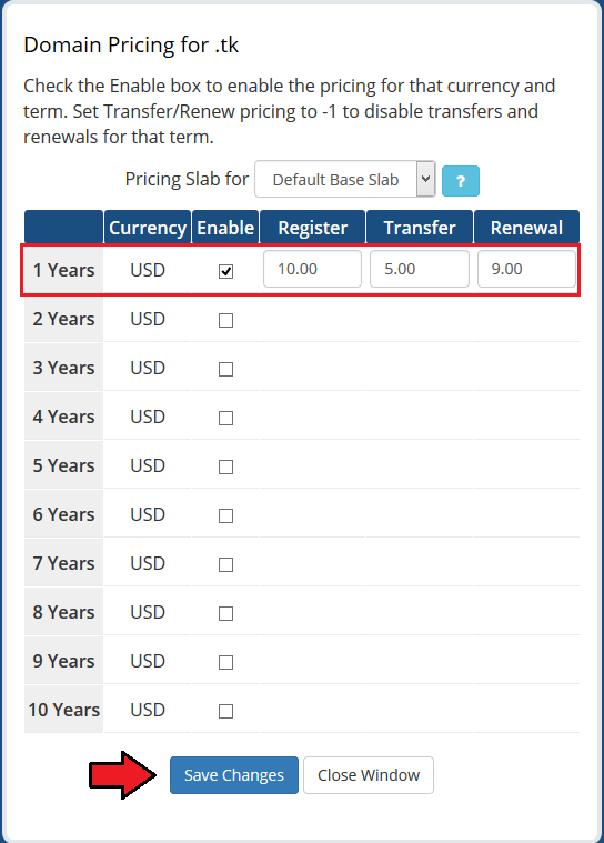 Domains Reseller 1 X For WHMCS: Domain Pricing window for .tk with register, transfer and renewal prices