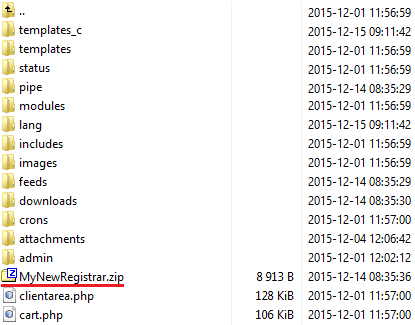 Domains Reseller 1 X For WHMCS: file manager with the MyNewRegistrar.zip module archive in the WHMCS directory