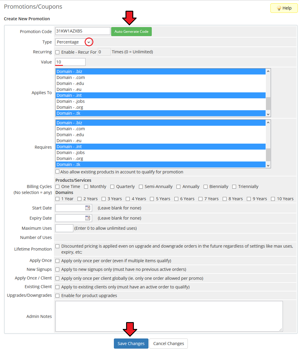 Domains Reseller 1 X For WHMCS: WHMCS Create New Promotion form with Auto Generate Code, type and value fields