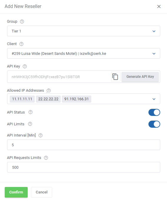 Domains Reseller For WHMCS: Add New Reseller form with group, client, API key, allowed IP addresses and API limits