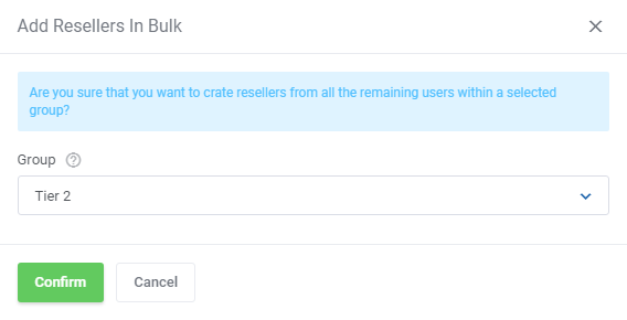 Domains Reseller For WHMCS: Add Resellers In Bulk dialog with the group dropdown and Confirm button